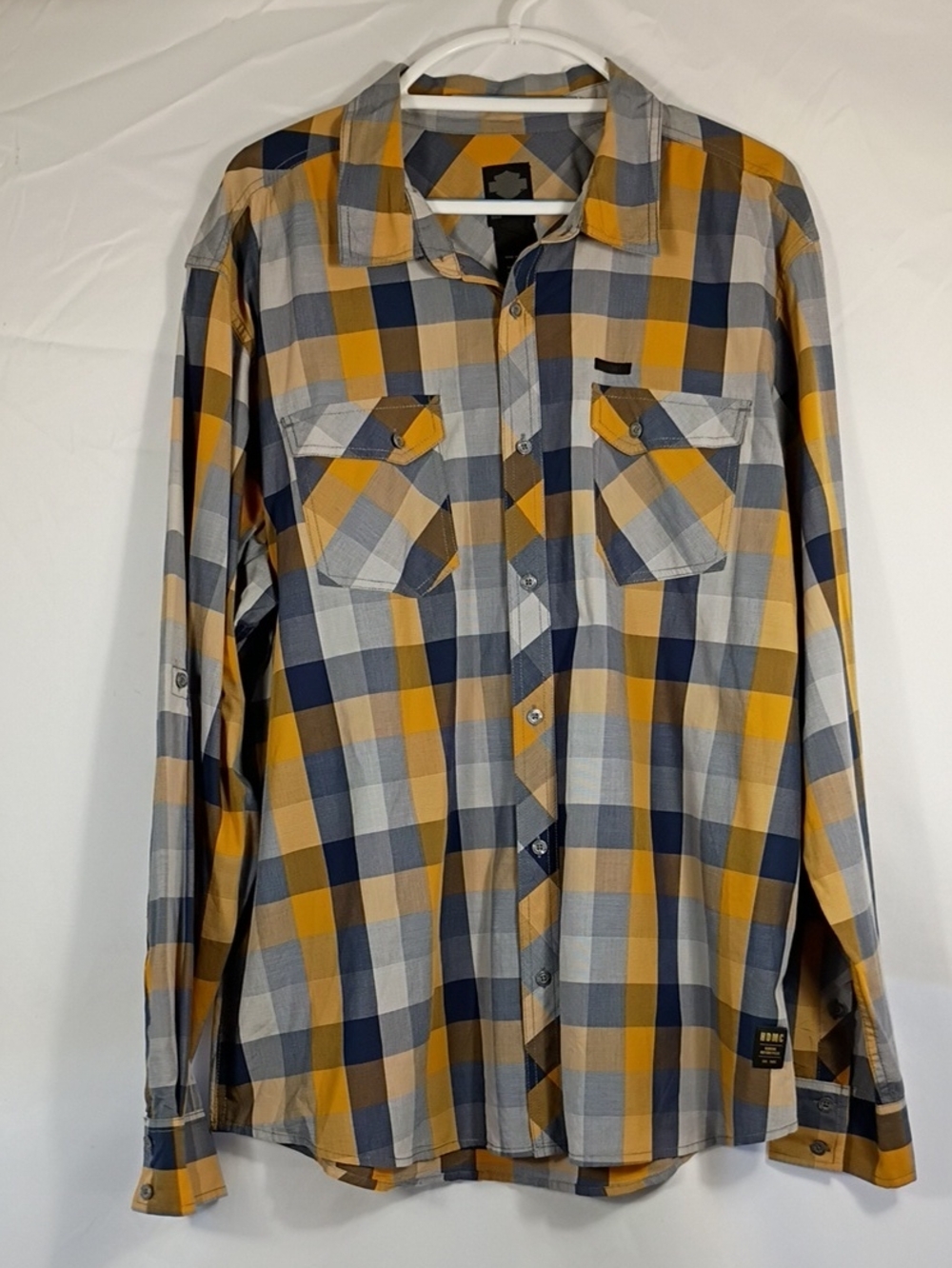 Harley-Davidson HDMC gold/grey/navy plaid long-sleeve button-down Mens Sz 2XL